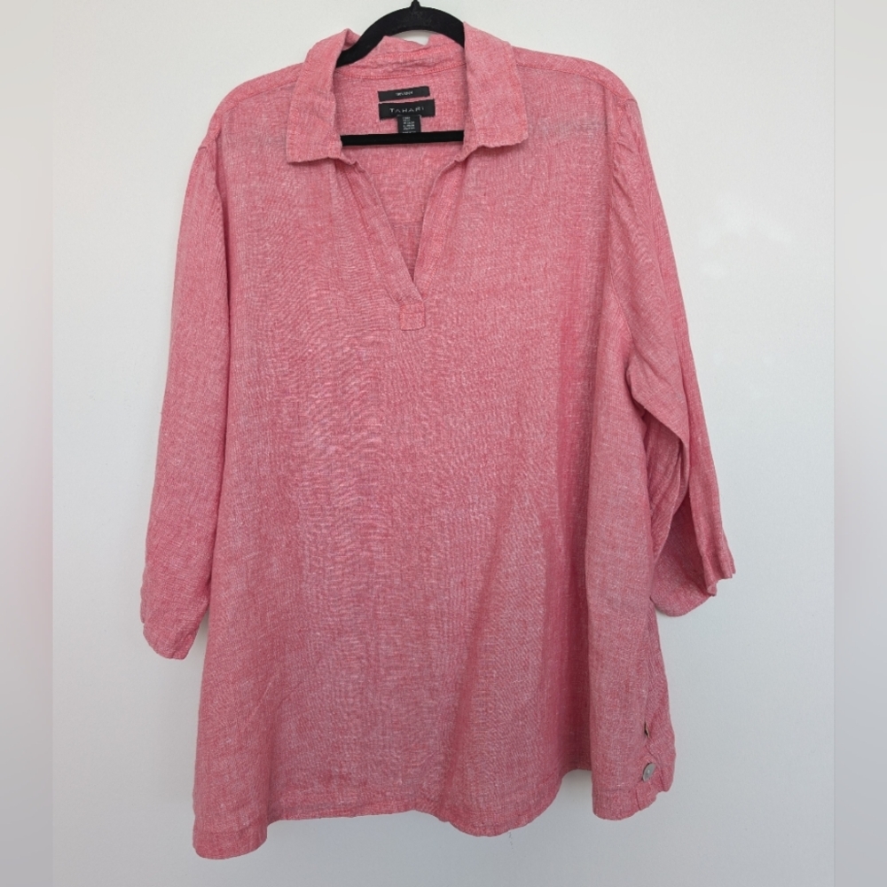 Tahari 100% Linen Pink V Neck Blouse Button Details Sz 2X Lagenlook Coastal